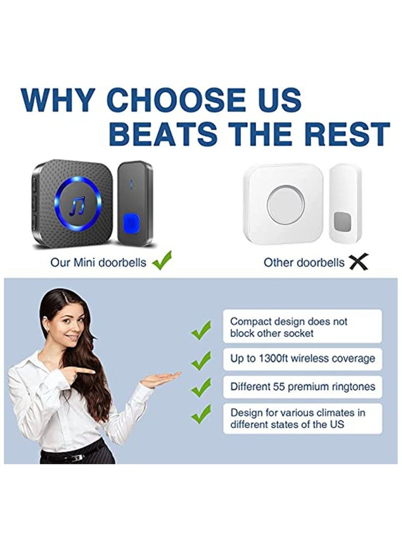 Arabest - Wireless Doorbell, Waterproof Door Bell Battery Operated at 1,300 ft with 2 Plug in Receivers Kit 2 transmitter Remote Buttons, 55 Chimes 5 Volume with LED, Loud Enough for Home Classroom - Image 1