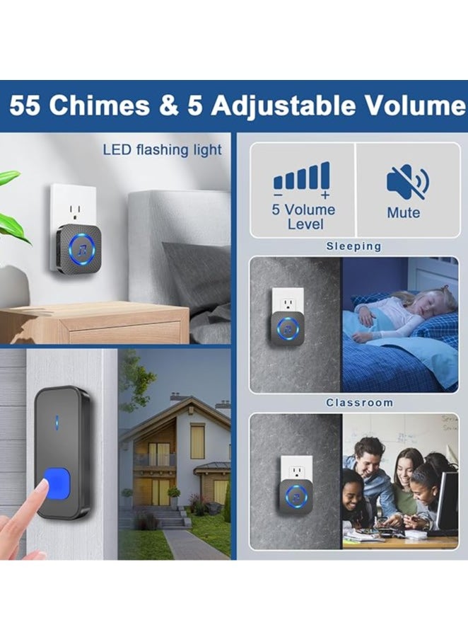 Arabest - Wireless Doorbell, Waterproof Door Bell Battery Operated at 1,300 ft with 2 Plug in Receivers Kit 2 transmitter Remote Buttons, 55 Chimes 5 Volume with LED, Loud Enough for Home Classroom - Image 1