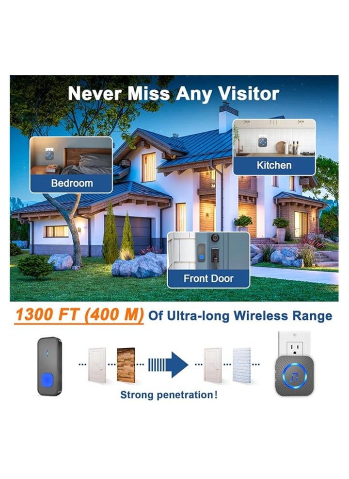 Arabest - Wireless Doorbell, Waterproof Door Bell Battery Operated at 1,300 ft with 2 Plug in Receivers Kit 2 transmitter Remote Buttons, 55 Chimes 5 Volume with LED, Loud Enough for Home Classroom - Image 1
