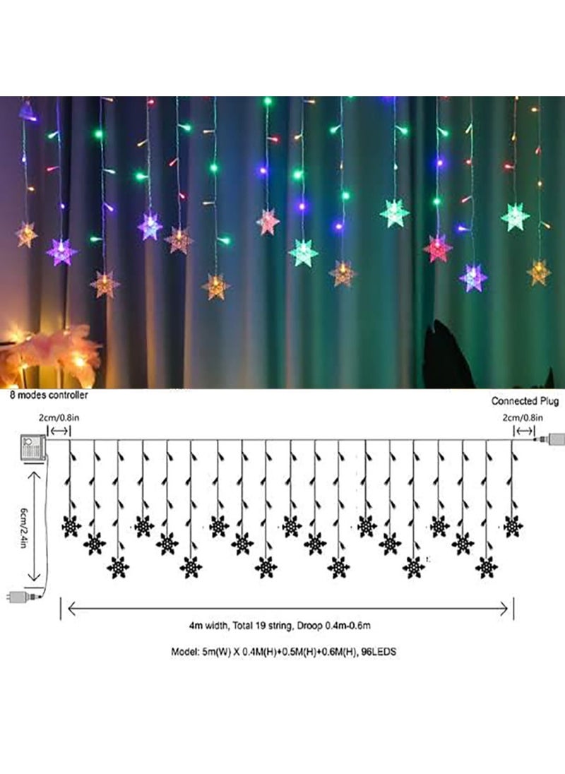تابيت أضواء ستائر LED، 13 قدم/4 أمتار 96 مصباحًا ستائريًا على شكل ندفة ثلج LED، أضواء ستائر نافذة قابلة للتوصيل بالذاكرة مع 8 أوضاع للديكور لأعياد الميلاد وحفلات الزفاف والحفلات والجدران وديكورات المنزل (متعدد الألوان، تعمل بالبطارية)  - Image 4