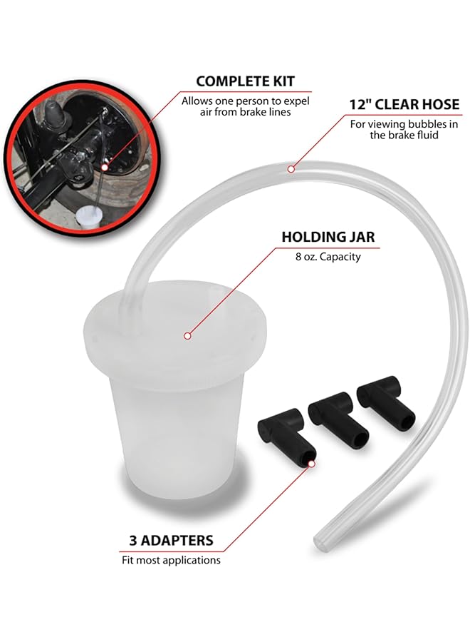 Performance Tool W80626 One Person Brake Bleeder Kit With 3 Adapters, Easily Remove Air From Brake Lines, 12In. Hose Length, 8Oz. Cup Capacity - Image 2