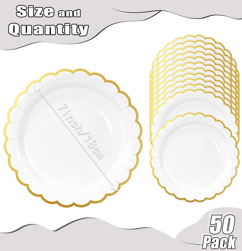 HEIPINIUYE 50 Pieces White Paper Plates with Gold Foil 7 Inch Disposable White Scalloped Dinner Plates for Wedding Baby Shower Birthday Party Dessert Plate - Image 2