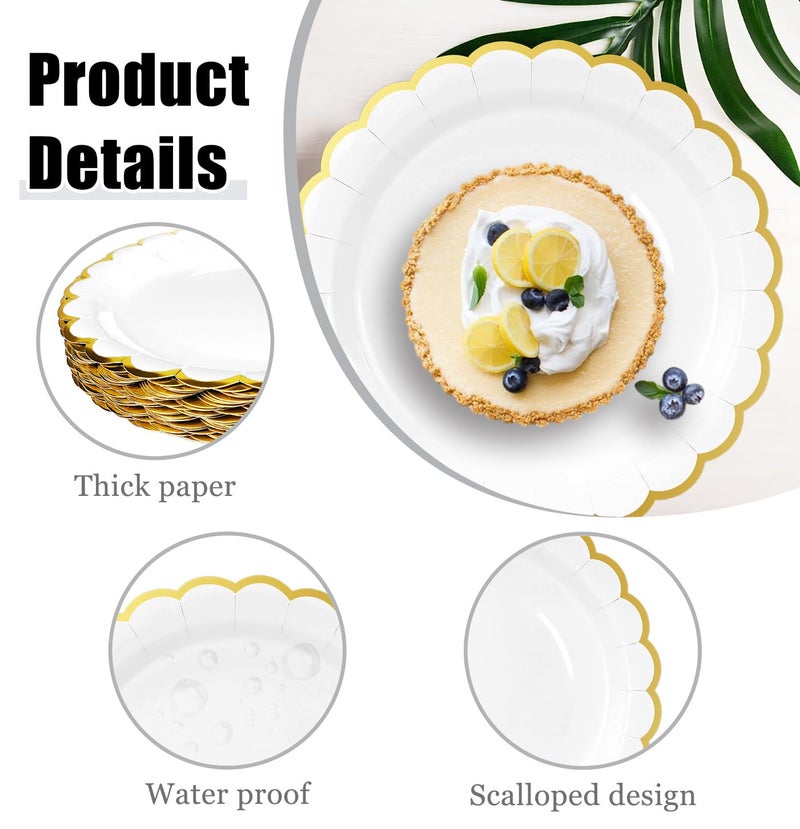 HEIPINIUYE 50 Pieces White Paper Plates with Gold Foil 7 Inch Disposable White Scalloped Dinner Plates for Wedding Baby Shower Birthday Party Dessert Plate - Image 3