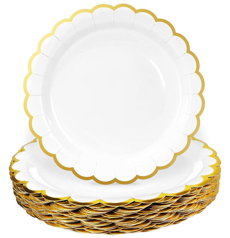 HEIPINIUYE 50 Pieces White Paper Plates with Gold Foil 7 Inch Disposable White Scalloped Dinner Plates for Wedding Baby Shower Birthday Party Dessert Plate - Image 1