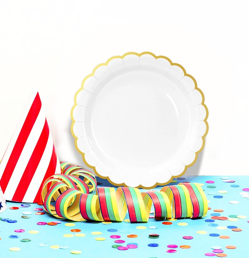 HEIPINIUYE 50 Pieces White Paper Plates with Gold Foil 7 Inch Disposable White Scalloped Dinner Plates for Wedding Baby Shower Birthday Party Dessert Plate - Image 5
