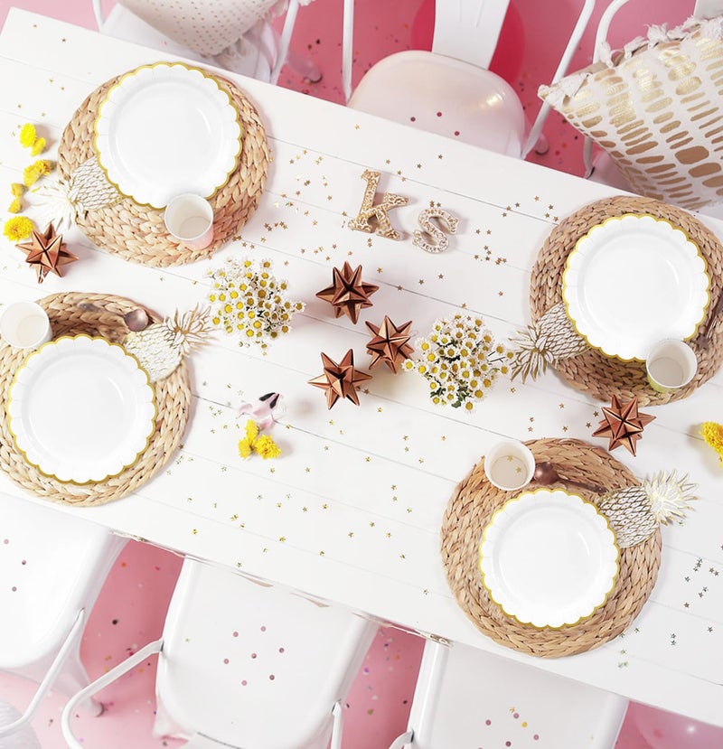 HEIPINIUYE 50 Pieces White Paper Plates with Gold Foil 7 Inch Disposable White Scalloped Dinner Plates for Wedding Baby Shower Birthday Party Dessert Plate - Image 4