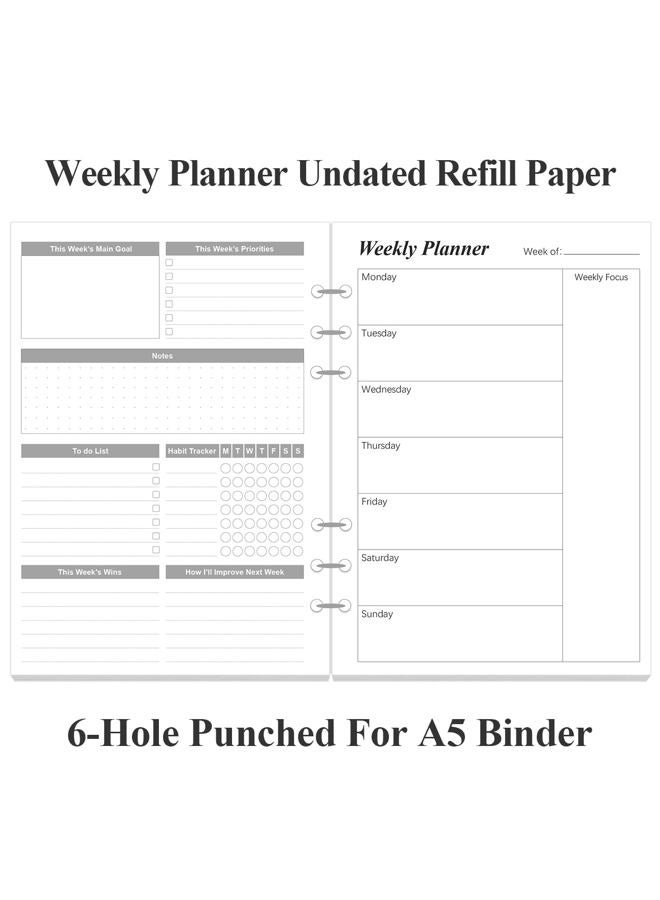 Yaridar Weekly Planner Refills for A5 Binders - 53 Sheets/106 Pages Undated Weekly Planner, 6-Hole Punched, 100 gsm White Paper, Lasts 1 Year, Undated, 5.8" x 8.3", Black - Image 2