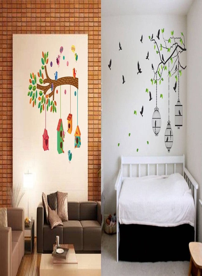Walltech Set of 2 Wall Sticker Bird House On A Branch and Flying Bird with Cage Wall Sticker - Image 1