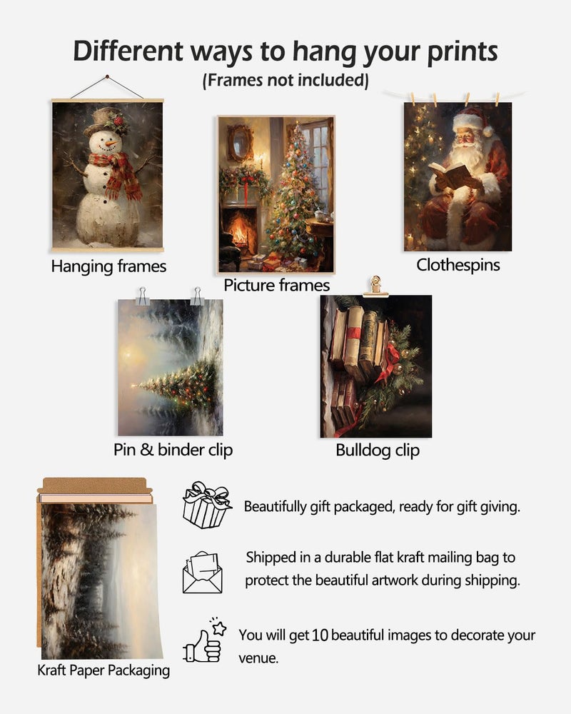 KBKBART Christmas Wall Art Prints Set of 10, Winter Christmas Picture Wall Decor Santa Xmas Tree Forest Canvas Artwork, Snow Scene Street Christmas Aesthetic Posters for Bedroom, Vintage Christmas Holiday Decor - Unframed - Image 3
