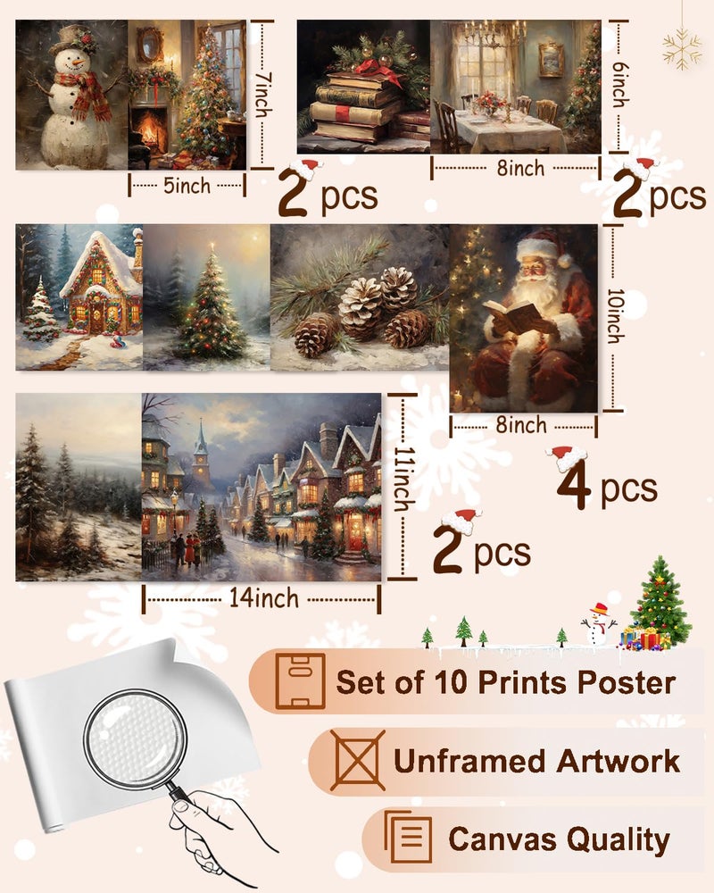 KBKBART Christmas Wall Art Prints Set of 10, Winter Christmas Picture Wall Decor Santa Xmas Tree Forest Canvas Artwork, Snow Scene Street Christmas Aesthetic Posters for Bedroom, Vintage Christmas Holiday Decor - Unframed - Image 2