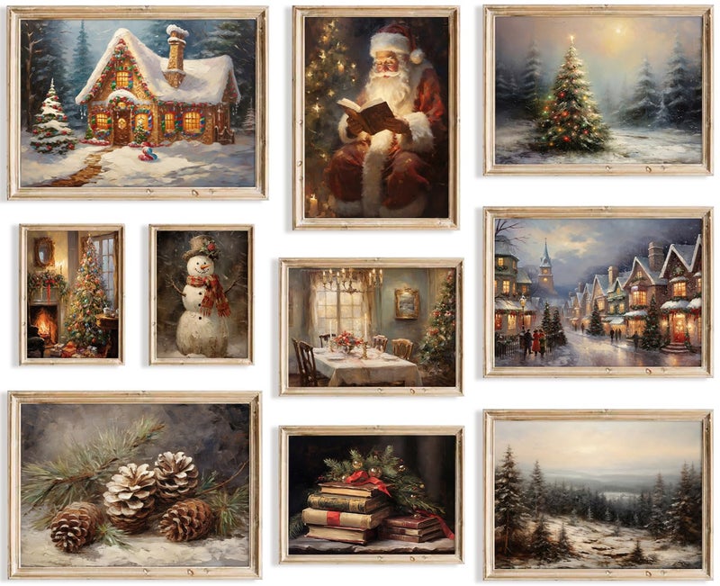 KBKBART Christmas Wall Art Prints Set of 10, Winter Christmas Picture Wall Decor Santa Xmas Tree Forest Canvas Artwork, Snow Scene Street Christmas Aesthetic Posters for Bedroom, Vintage Christmas Holiday Decor - Unframed - Image 1
