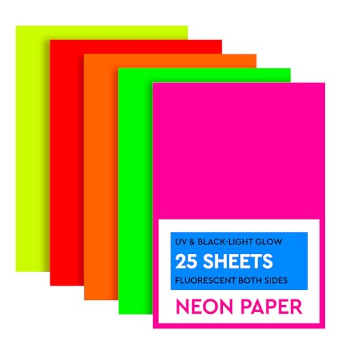 25 Sheets Neon Paper Set 250 gsm Neon Construction Paper Bulk with 5 Colors DoubleSided Easy to Cut Neon Cardstock Multicolor Pack for DIY Dance Floor Glow in the Dark Party Decorations