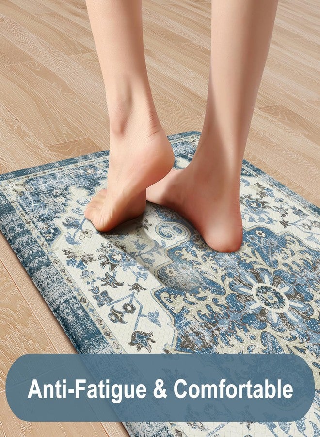KIMODE سجادات مطبخ كيمود المضادة للإجهاد، طقم سجاد مطبخ بوهيمي عتيق مكون من قطعتين، مقاس 17 × 47 بوصة + 17 × 29 بوصة، سجادات مطبخ مانعة للانزلاق للأرضيات، سجادات أرضية مطبخ مبطنة للحوض وغرفة الغسيل والمكتب، أزرق متعدد الألوان - Image 2