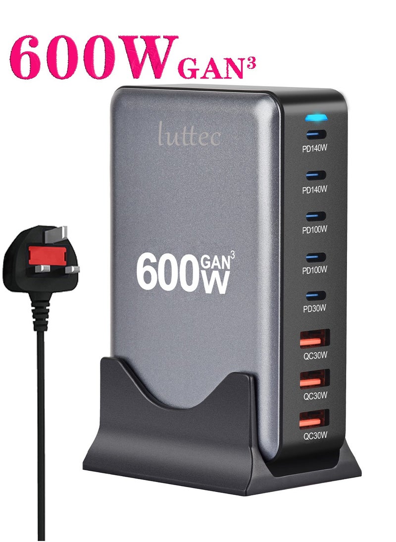 Luttec 600W USB C Charger Charging Station,8 Port Type C Fast Hub Block,Wall Charger Power Strip Adapter Plug with 5 PD USB C (2 x 140W,2 x 100W,1 x 30W) 3 QC USB A (3 x 30W) Ports - GaN Technology - Certified Laptop Charger for Macbook Air,Sumsung S23,iPhone 16,iPad,Galaxy,Honor and More -1.5m Power Cord  - Image 1