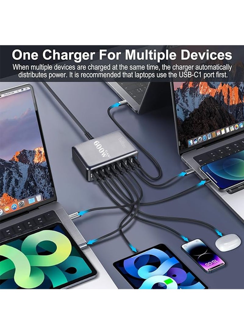 Luttec 600W USB C Charger Charging Station,8 Port Type C Fast Hub Block,Wall Charger Power Strip Adapter Plug with 5 PD USB C (2 x 140W,2 x 100W,1 x 30W) 3 QC USB A (3 x 30W) Ports - GaN Technology - Certified Laptop Charger for Macbook Air,Sumsung S23,iPhone 16,iPad,Galaxy,Honor and More -1.5m Power Cord  - Image 2