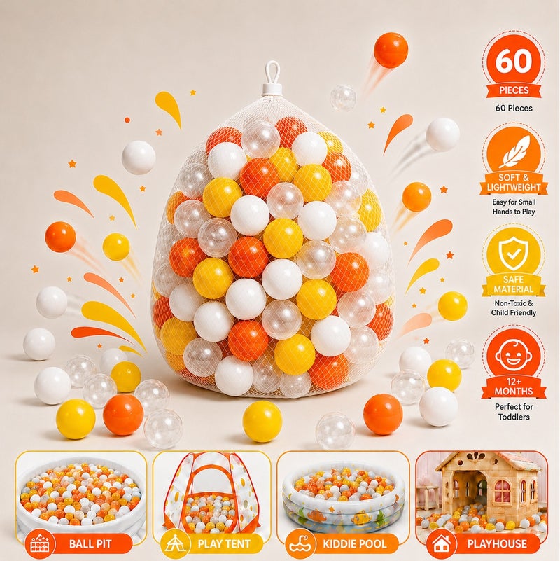 O2. 60-Piece Pastel Ball Pit Balls Set for Kids 12+ Months, Soft Lightweight Air-Filled Plastic Play Balls, Crush-Resistant Phthalate-Free Balls for Playpens, Tents, Bounce Houses and Inflatable Pools - Image 2