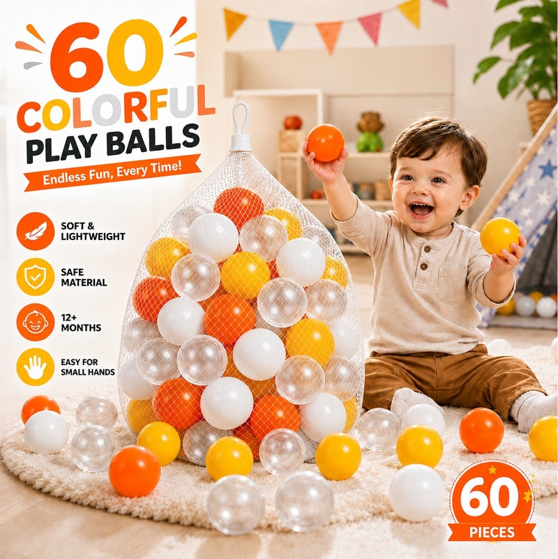 O2. 60-Piece Pastel Ball Pit Balls Set for Kids 12+ Months, Soft Lightweight Air-Filled Plastic Play Balls, Crush-Resistant Phthalate-Free Balls for Playpens, Tents, Bounce Houses and Inflatable Pools - Image 1
