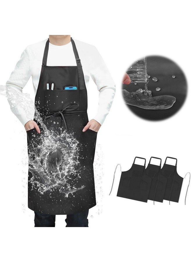 SHEOMERN 3 Pcs Dual Waterproof Oilproof Kitchen Chef Aprons with 4 Pockets for Men Women, Adjustable Soft Anti-Tear Cooking Bib Apron for Baking Grilling BBQ Painting Cleaning (Black) - Image 1