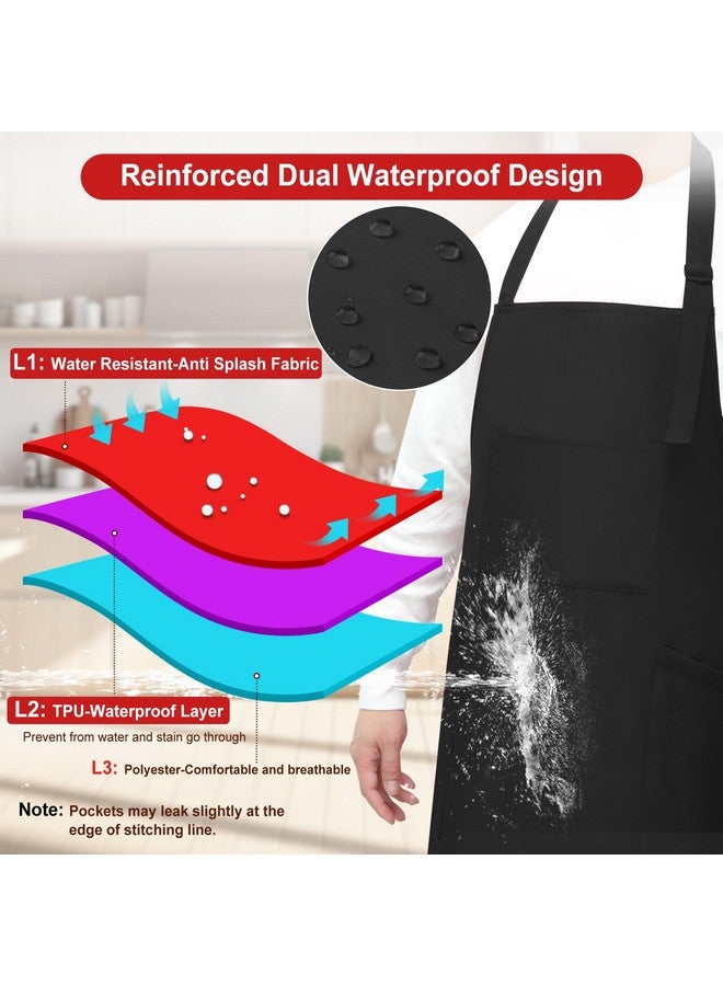 SHEOMERN 3 Pcs Dual Waterproof Oilproof Kitchen Chef Aprons with 4 Pockets for Men Women, Adjustable Soft Anti-Tear Cooking Bib Apron for Baking Grilling BBQ Painting Cleaning (Black) - Image 2