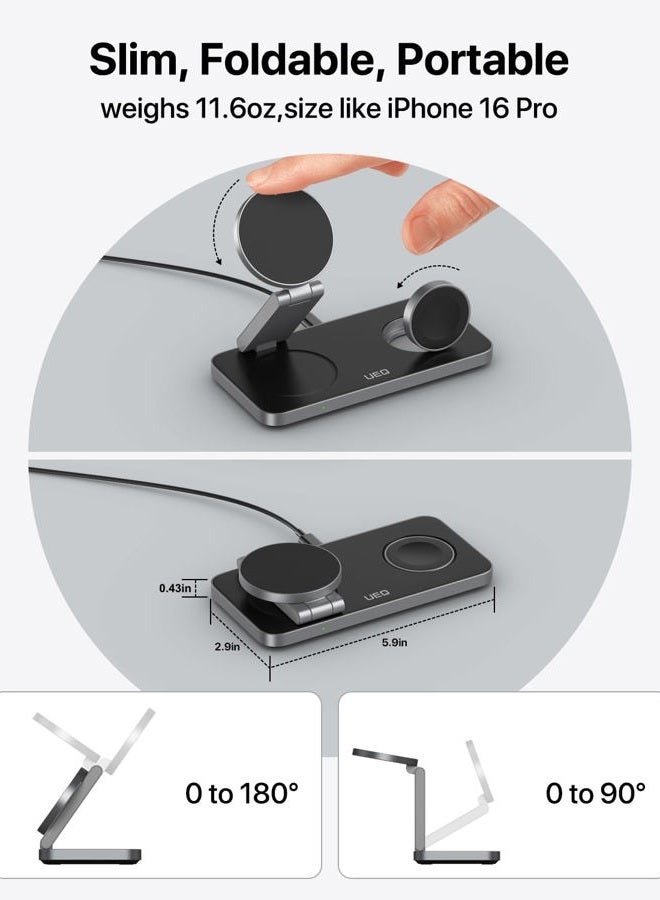 UEQ Foldable 3 in 1 Wireless Charging Station for Apple Magsafe Charger Stand,Fast Magnetic Wireless Charger Station for iPhone 17 Air 16 15 14 13 12 Series,Airpods Pro,Apple Watch Ultra (Pure Black) - Image 3