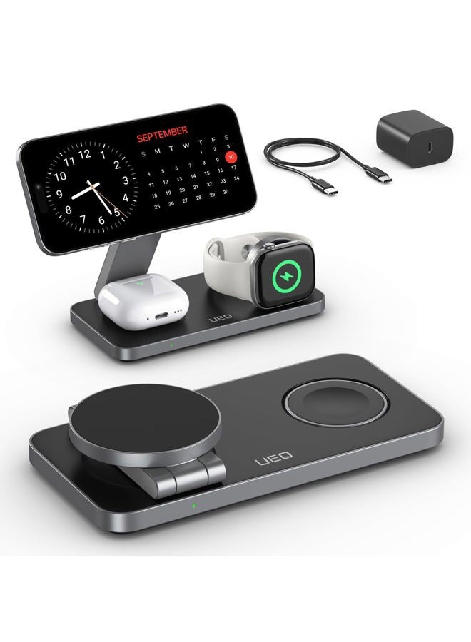 UEQ Foldable 3 in 1 Wireless Charging Station for Apple Magsafe Charger Stand,Fast Magnetic Wireless Charger Station for iPhone 17 Air 16 15 14 13 12 Series,Airpods Pro,Apple Watch Ultra (Pure Black) - Image 1