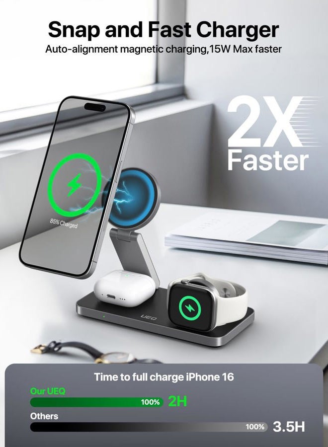 UEQ Foldable 3 in 1 Wireless Charging Station for Apple Magsafe Charger Stand,Fast Magnetic Wireless Charger Station for iPhone 17 Air 16 15 14 13 12 Series,Airpods Pro,Apple Watch Ultra (Pure Black) - Image 2