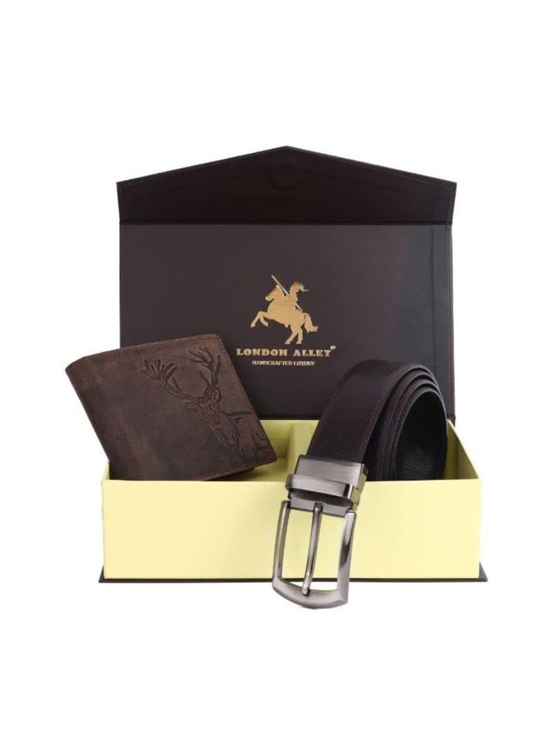 London Alley LONDON ALLEY ELK Vintage Brown Leather Wallet & Black/Brown Reversible Belt Combo Gift Box for Men - Image 1