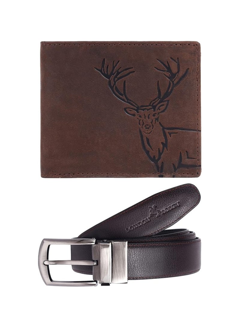 London Alley LONDON ALLEY ELK Vintage Brown Leather Wallet & Black/Brown Reversible Belt Combo Gift Box for Men - Image 2