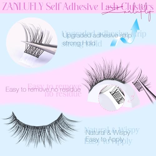 zanlufly Self Adhesive Eyelashes Natural Self Adhesive Lash Clusters Pre glued Eyelash Clusters zanlufly No Glue Needed Lashes Wispy C-curly Cluster Eyelash extensions 10-16MM Individual Lashes - Image 2