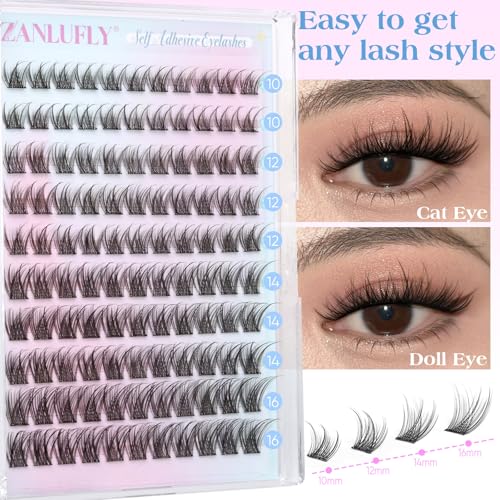 zanlufly Self Adhesive Eyelashes Natural Self Adhesive Lash Clusters Pre glued Eyelash Clusters zanlufly No Glue Needed Lashes Wispy C-curly Cluster Eyelash extensions 10-16MM Individual Lashes - Image 3