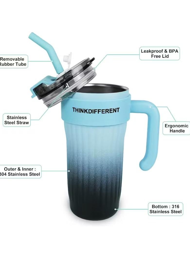 Stainless Steel Tumbler Hot and Cold with Handle and Lid with Straw, Double Insulated Cup 100% Leak Proof Coffee Travel Mug Flask for Gym & Travelling Gradient Blue 860 ML  - Image 1