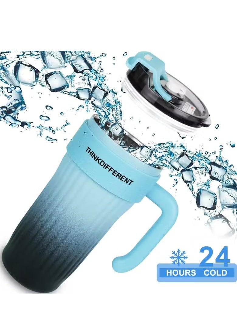 Stainless Steel Tumbler Hot and Cold with Handle and Lid with Straw, Double Insulated Cup 100% Leak Proof Coffee Travel Mug Flask for Gym & Travelling Gradient Blue 860 ML  - Image 4