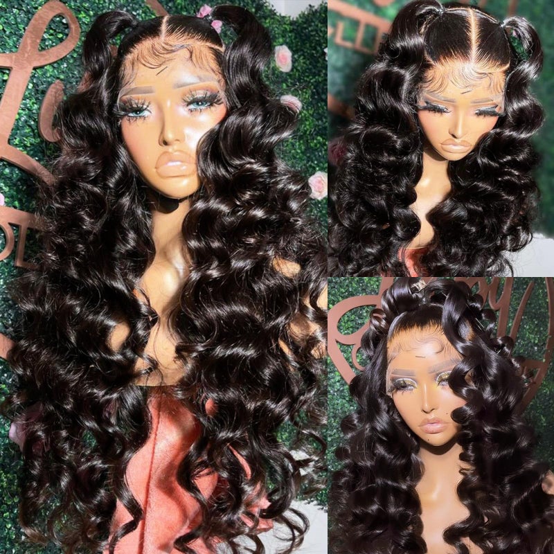 ANDRIA 13x4 HD Lace Front Wigs Body Wave Lace Frontal Wig Loose Wave Natural Black Glueless Lace Wigs with Baby Hair Pre Plucked Hairline Synthetic Heat Resistant Fiber Hair 200% Density 28 Inch Wig