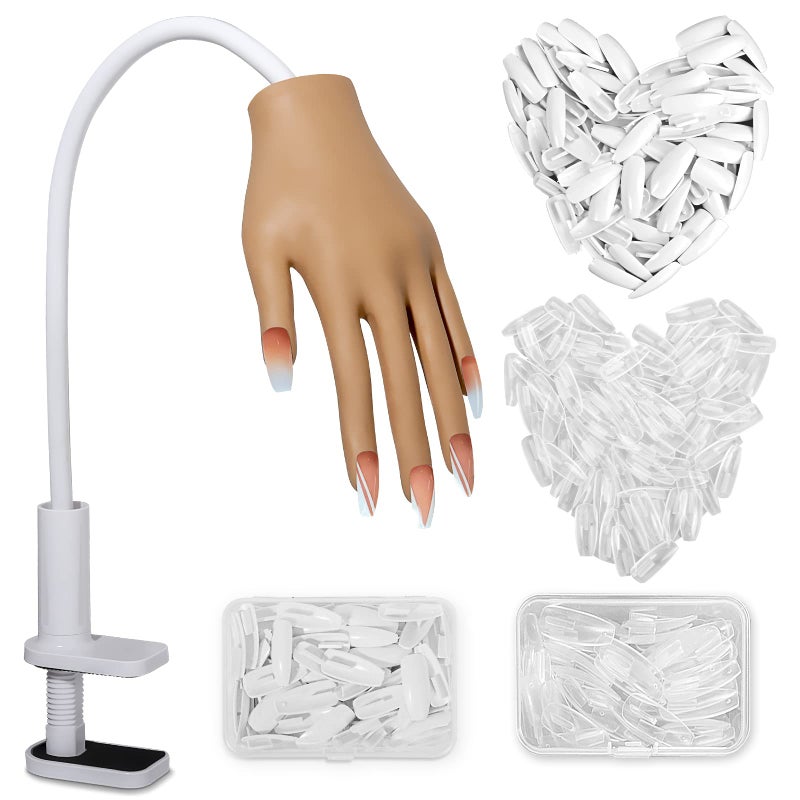 Practice Hand for Acrylic Nails Silicone Nail Hand Practice Upgrade Nail Tips Never Fall Off Fake Nail Manican Hand for Nail Practice Flexible Practice Maniquin Hand with 200PCS Nail Tips