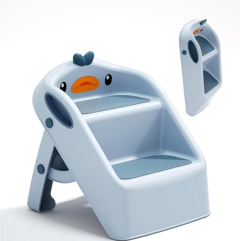 Foldable Toddler Step Stool for Kids Kitchen Bathroom Sink,Toilet Steps Potty Training Stool,Dual Height 11" Kitchen Helper Plastic Poop Stools Ladder with Handles Nursery Foot Stools (Blue) - Image 1
