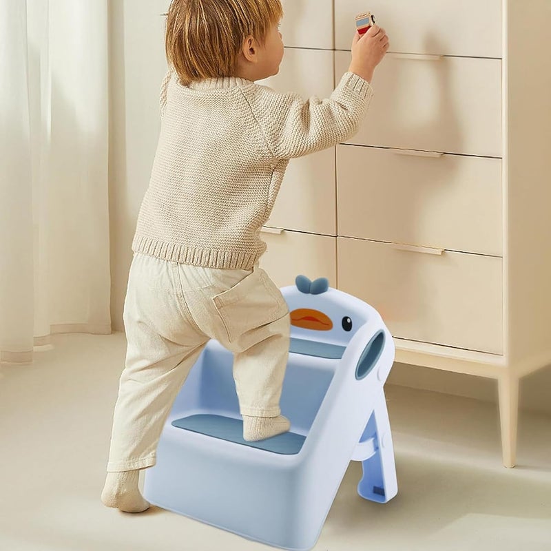 Foldable Toddler Step Stool for Kids Kitchen Bathroom Sink,Toilet Steps Potty Training Stool,Dual Height 11" Kitchen Helper Plastic Poop Stools Ladder with Handles Nursery Foot Stools (Blue) - Image 4