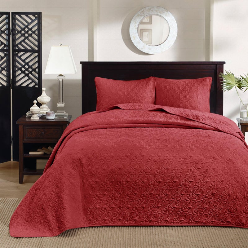 Madison Park Quebec Queen Size Quilt Bedding Set  Red  Damask  3 Piece Bedding Quilt Coverlets  Ultra Soft Microfiber Bed Quilts Quilted Coverlet
