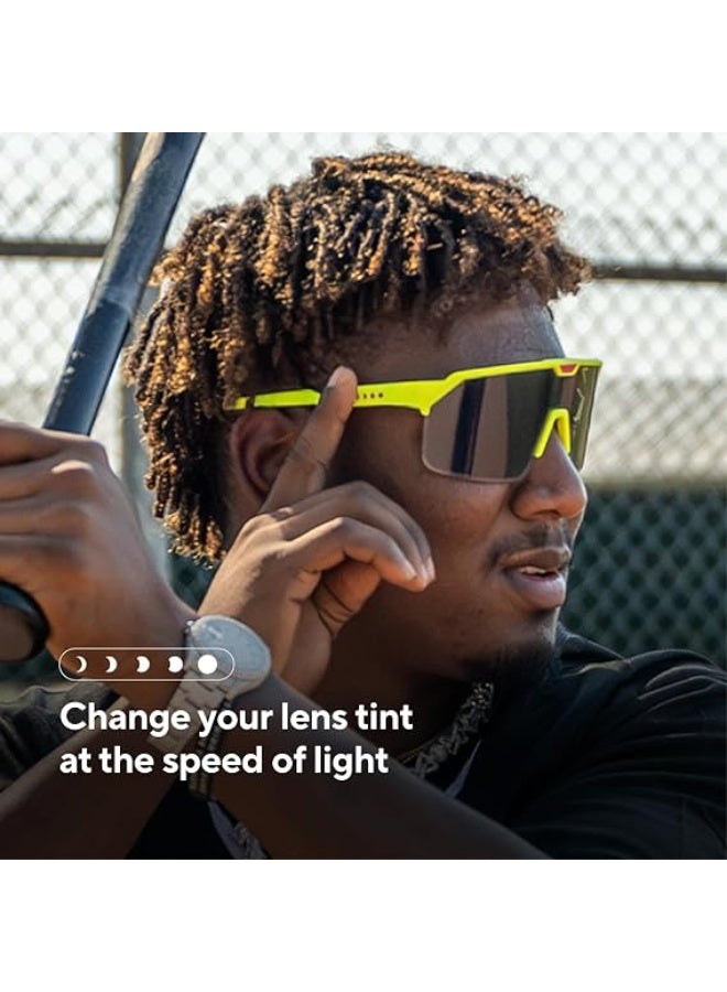 CHAMELO Domo Shield Smart Sports Sunglasses – Geraldo Perdomo Signature Edition – Adjustable Tint Baseball Eyewear with Sweatproof Frame, Tint Slider & 100% UV Protection – Neon Frame, Smoke Lenses - Image 4