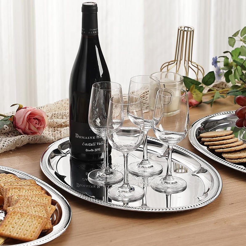 ZENOVLUX 4-Pack 15.7" x 11.8" Large Silver Serving Trays for Party Set - Oval Floral Engraved Serving Platters, Wedding Birthday Mirror Tray for Valentine's Day, Food, Appetizer, Charcuterie, Cookies, Desserts - Image 5