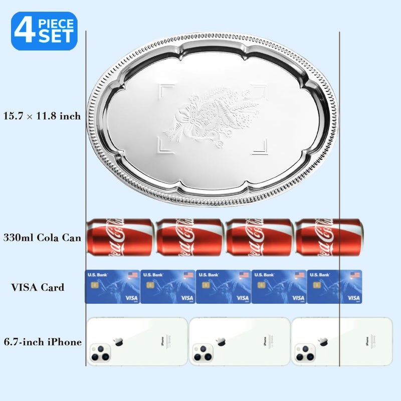 ZENOVLUX 4-Pack 15.7" x 11.8" Large Silver Serving Trays for Party Set - Oval Floral Engraved Serving Platters, Wedding Birthday Mirror Tray for Valentine's Day, Food, Appetizer, Charcuterie, Cookies, Desserts - Image 3