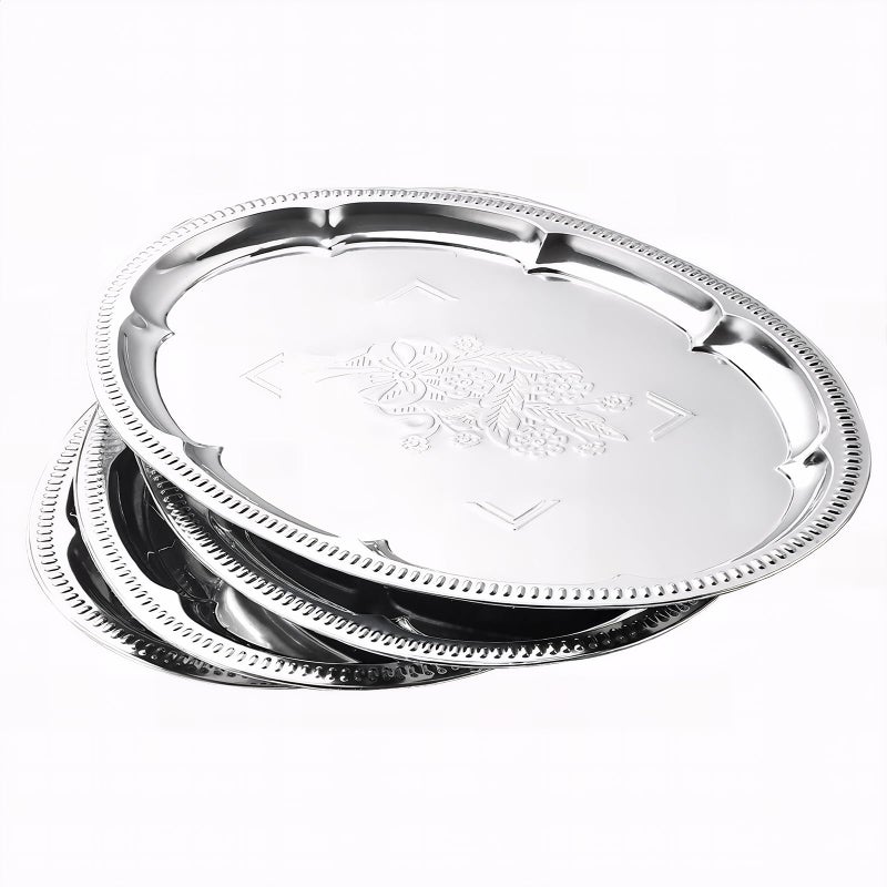 ZENOVLUX 4-Pack 15.7" x 11.8" Large Silver Serving Trays for Party Set - Oval Floral Engraved Serving Platters, Wedding Birthday Mirror Tray for Valentine's Day, Food, Appetizer, Charcuterie, Cookies, Desserts - Image 1