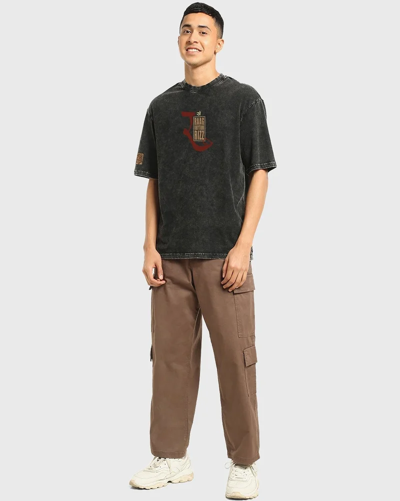 bewakoof Men's Black Freedom Sounds Graphic Printed Oversized Acid Wash T-shirt