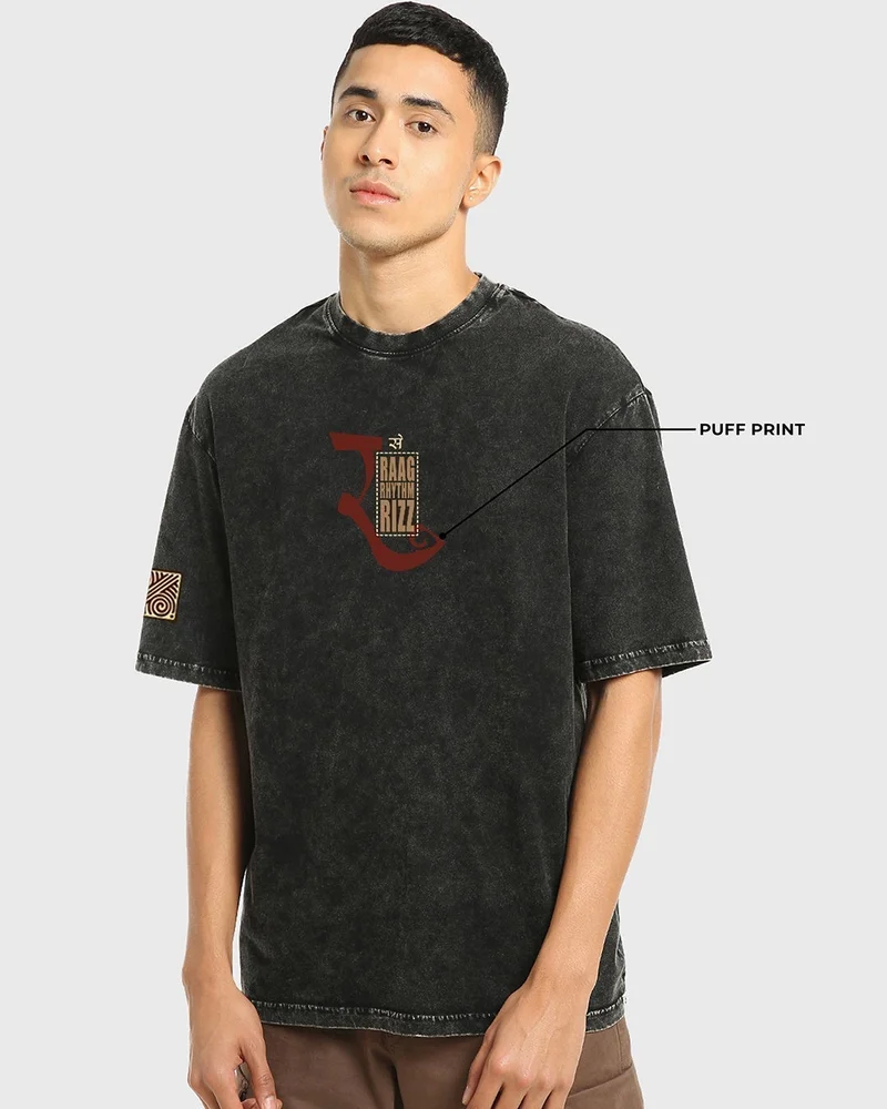 bewakoof Men's Black Freedom Sounds Graphic Printed Oversized Acid Wash T-shirt