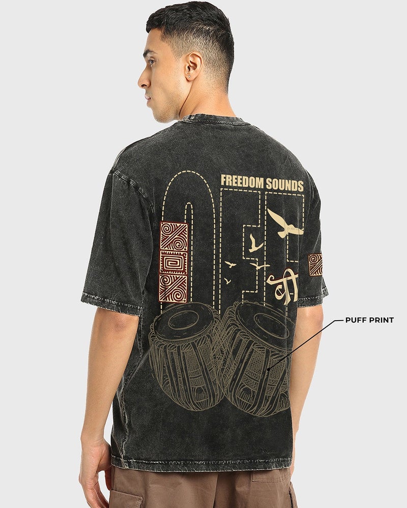 bewakoof Men's Black Freedom Sounds Graphic Printed Oversized Acid Wash T-shirt - Image 4