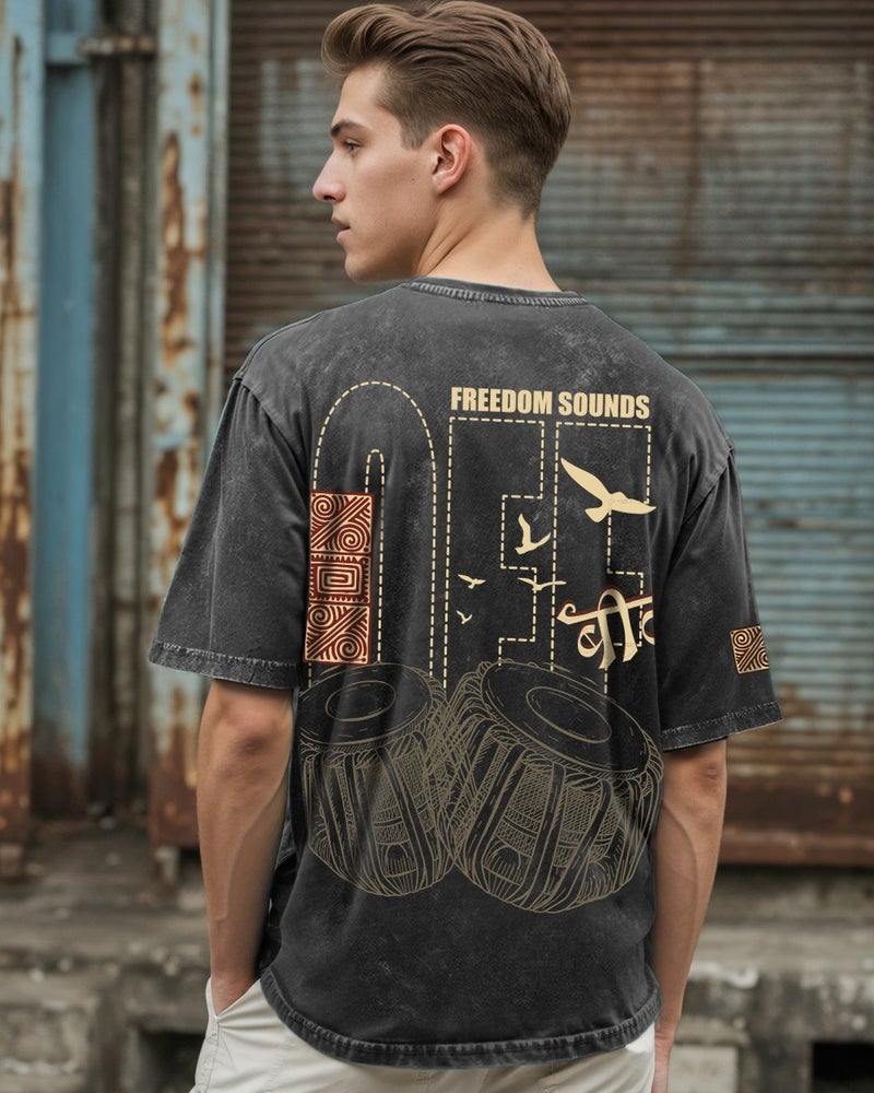 bewakoof Men's Black Freedom Sounds Graphic Printed Oversized Acid Wash T-shirt - Image 2