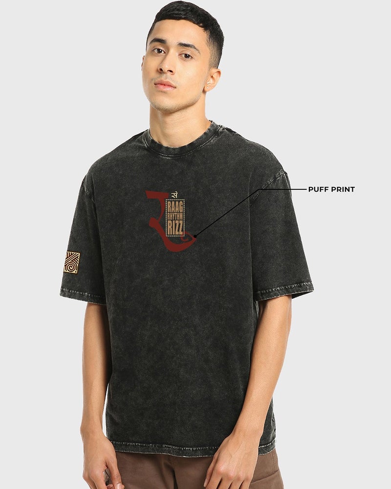 bewakoof Men's Black Freedom Sounds Graphic Printed Oversized Acid Wash T-shirt - Image 1