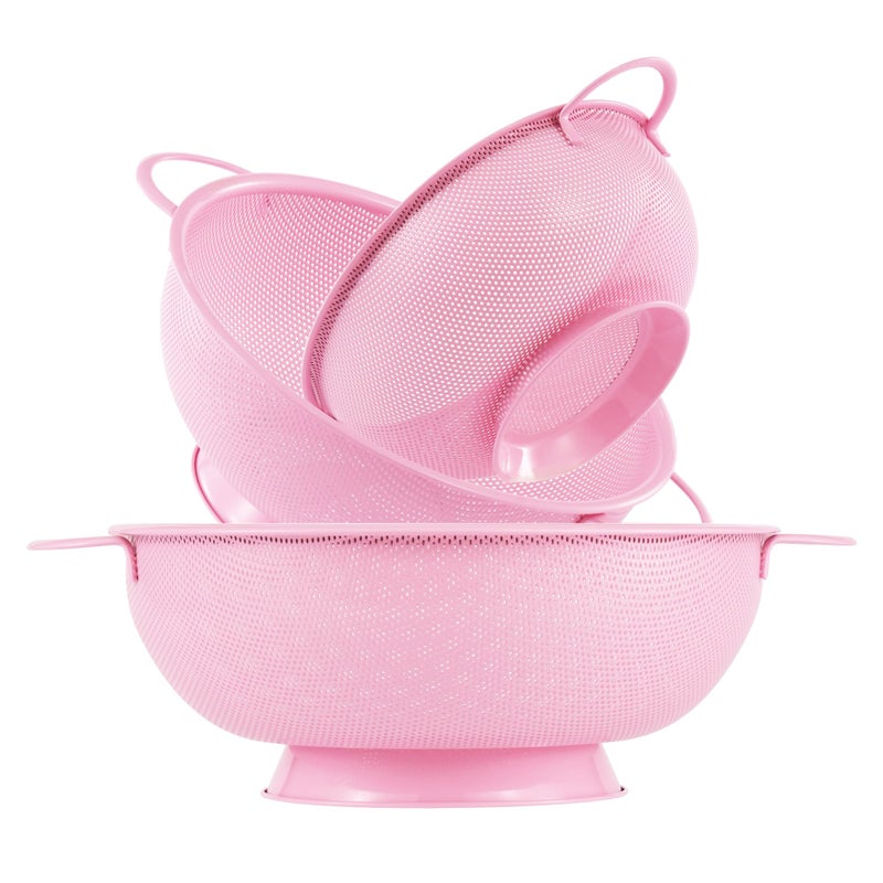 Stainless Steel Colander 3 PieceMetal Strainer Basket with Solid Base and Handles for Kitchen FoodPasta Noodles Vegetables and FruitsPowder CoatedBPA FreeDishwasher Safe2  3  45 Qt Pink