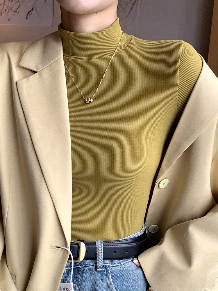 H329 Knitted Semi-high Collar Base Shirt Women''s New Autumn and Winter Black and White Autumn Clothes Western Style Middle Collar Pullover Long Sleeve - Image 3