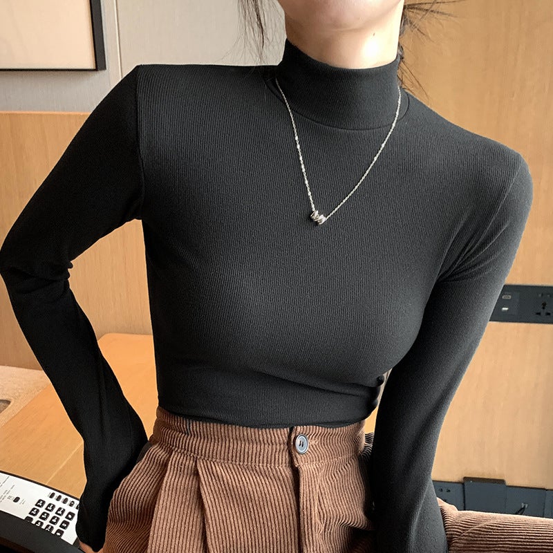H329 Knitted Semi-high Collar Base Shirt Women''s New Autumn and Winter Black and White Autumn Clothes Western Style Middle Collar Pullover Long Sleeve - Image 1