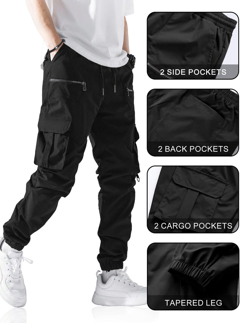PLEPAN Mens Cargo Pants Elastic Waist Drawstring Casual Joggers Hiking Workout Tapered Sweatpants with Multi Pockets, Black, L - Image 4
